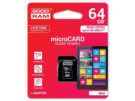 GOODRAM MEMORIJSKA KARTICA MICROSD 64GB CLASS 10 + ADAPTER