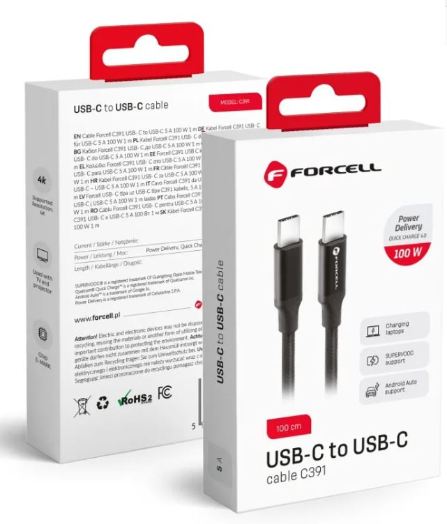 FORCELL KABEL TYPE C DO TYPE C QC4.0 5A/20V PD100W E-MARK / 4K / THUNDERBOLT / 20GBIT/S C391 1M CRNI