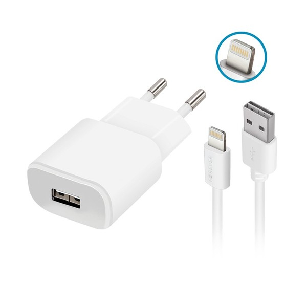 FOREVER TC-01 PUNJAČ 1x USB 2A BIJELI + LIGHTNING KABEL
