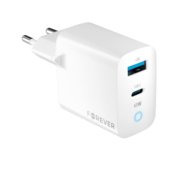 FOREVER TC-06-65AC GAN PD QC PUNJAČ 1x USB-C 1x USB 65W BIJELI