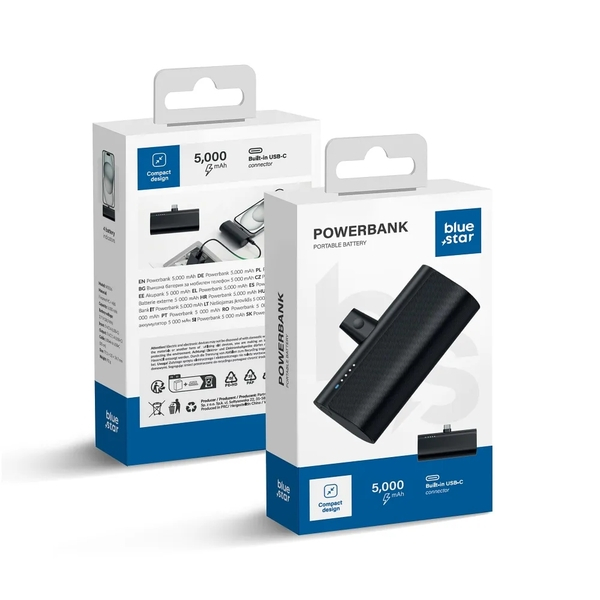 BLUE STAR POWERBANK 5000 MAH S UGRAĐENIM TIP-C KONEKTOROM 2,1A W0556 CRNI