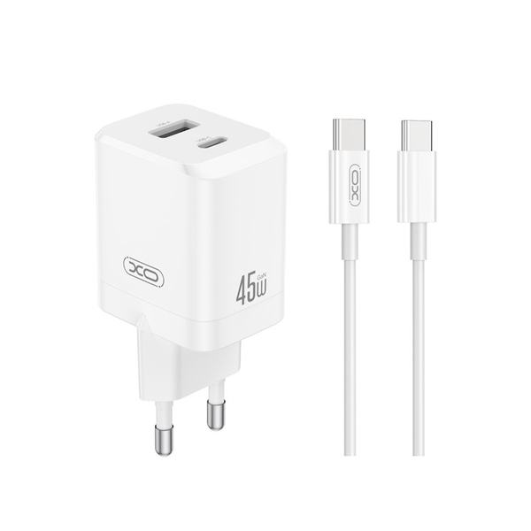 XO ZIDNI PUNJAČ CE36 PD 45W 1x USB-C 1x USB BIJELI+ KABEL USB-C - USB-C
