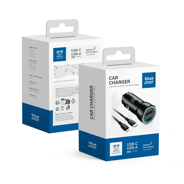BLUE STAR PUNJAČ ZA  AUTO 3A 25W TIP C + USB A + KABEL TIP C NA LIGHTNING PD QC3.0 AFC PPS