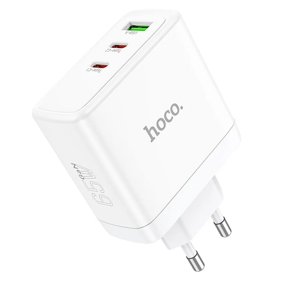 HOCO ZIDNI PUNJAČ 2 x TIP C + USB A QC PD 65W GaN N30 BIJELI