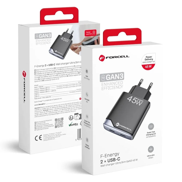 FORCELL F-ENERGY ULTRA SLIM GaN III ZIDNI PUNJAČ 2 x USB C PD QC4.0 3A 45W B245201(2C) CRNI