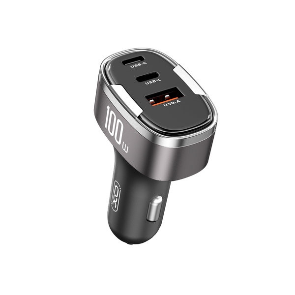 XO Auto Punjač CC61 PD QC 3.0 100W 1x USB 1x USB-C 1x Lightning Sivi