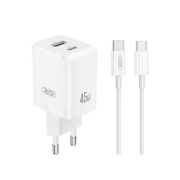 [ACCTFO2407] XO ZIDNI PUNJAČ CE36 PD 45W 1x USB-C 1x USB BIJELI+ KABEL USB-C - USB-C