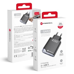 [ACCPT3003] FORCELL F-ENERGY ULTRA SLIM GaN III ZIDNI PUNJAČ 2 x USB C PD QC4.0 3A 45W B245201(2C) CRNI